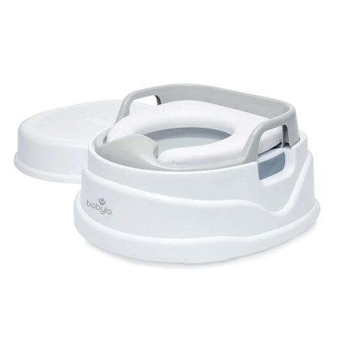 Assembled white and grey Babylo 4 in 1 potty with side handles and wide stable base, shown with the lid placed next to the unit on a white background