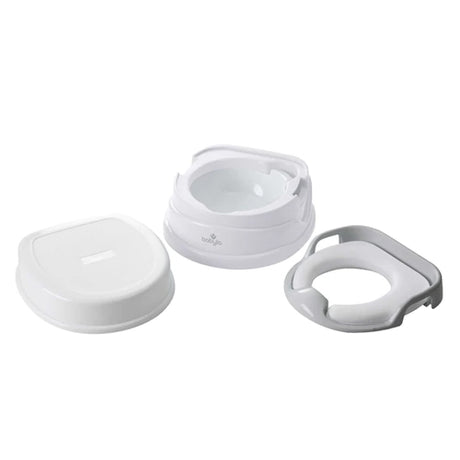 White and grey Babylo potty shown in separate components including the wide base, removable inner bowl, toilet seat insert and lid arranged on a white background