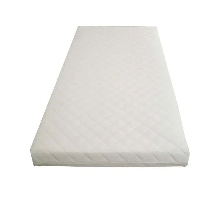Babylo Airflow Eco cot fibre mattress 120 x 60 x 10cm angled view showing quilted water-resistant cover