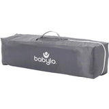 Babylo grey travel cot carry bag with Babylo logo and handle