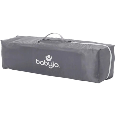 Babylo grey travel cot carry bag with Babylo logo and handle