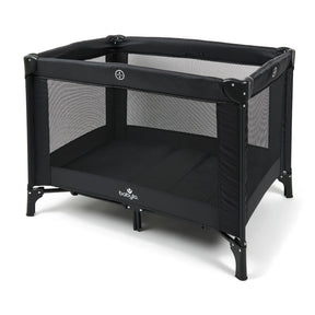 Babylo Alpha black travel cot front angle view with mesh sides and padded mattress