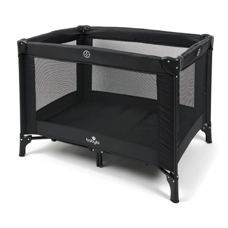 Babylo Alpha black travel cot front angle view with mesh sides and padded mattress