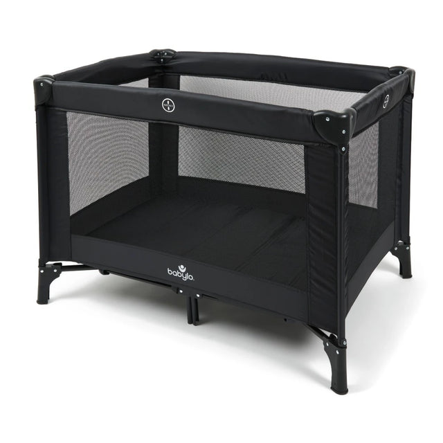 Babylo Alpha black travel cot front angle view with mesh sides and padded mattress