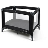 Babylo Alpha black travel cot side angle view with mesh panels and corner supports