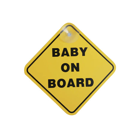 Babylo baby on board sign shown front facing on a white background with yellow diamond shape, black border, black baby on board text and suction cup at the top