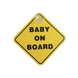 Babylo baby on board sign in bright yellow diamond shape with black border, bold black baby on board text and suction cup at the top