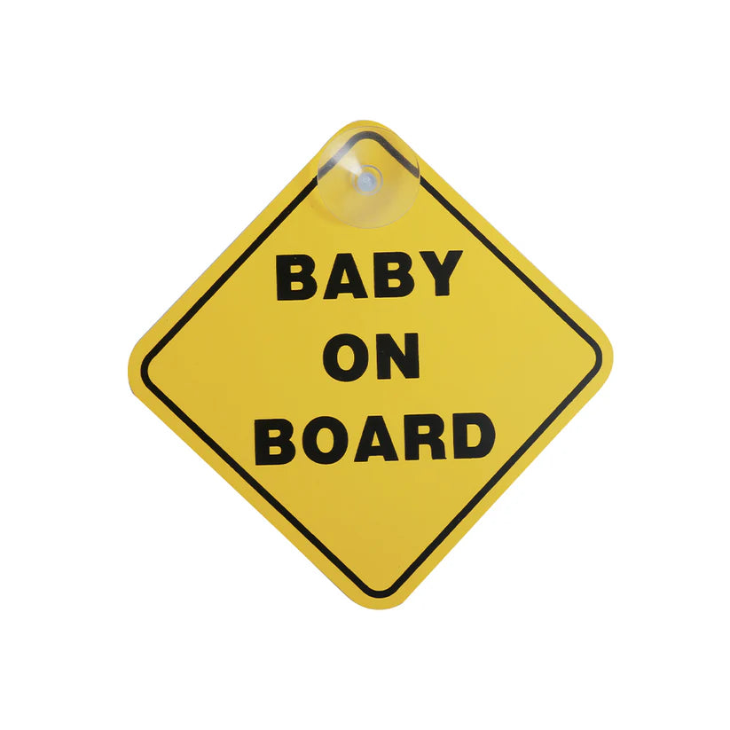 Babylo baby on board sign in bright yellow diamond shape with black border, bold black baby on board text and suction cup at the top