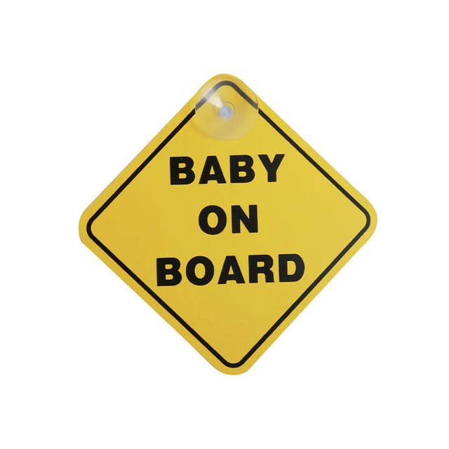 Babylo baby on board sign in bright yellow diamond shape with black border, bold black baby on board text and suction cup at the top