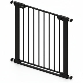 Babylo Easy Fit Flat Bar Safety Gate in black shown freestanding with flat bar design and pressure mount spindles visible