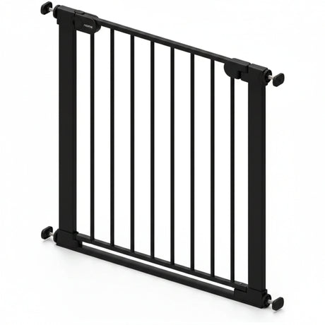 Babylo Easy Fit Flat Bar Safety Gate in black shown freestanding with flat bar design and pressure mount spindles visible