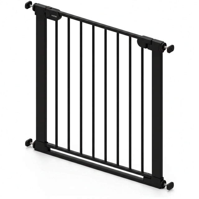 Babylo Easy Fit Flat Bar Safety Gate in black shown freestanding with flat bar design and pressure mount spindles visible