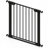 Babylo Easy Fit Flat Bar Safety Gate in black showing frame, vertical bars and pressure fit adjustment points