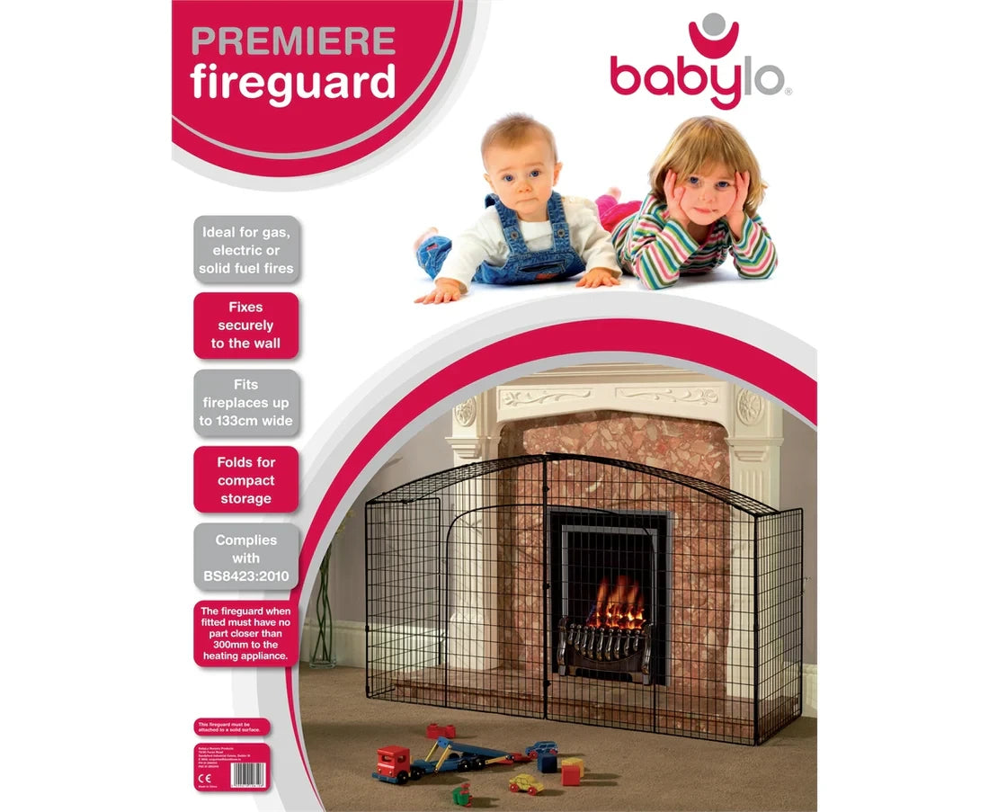 Babylo Fireguard Premier retail packaging showing black metal fireguard in front of a fireplace with Babylo branding and safety feature icons