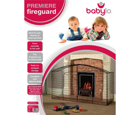 Babylo Fireguard Premier retail packaging showing black metal fireguard in front of a fireplace with Babylo branding and safety feature icons