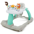 Babylo Owl Walker with grey base and teal supports shown at angled front view with white tray and dual owl toy bar