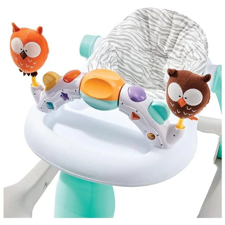 Close up of Babylo Owl Walker electronic toy bar with orange and brown owl toys, coloured buttons and grey patterned seat unit