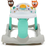 Babylo Owl Walker front view showing grey wheeled base, teal supports, white tray and electronic toy bar with brown and orange owl toys