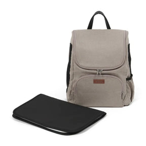 Babylo Panorama almond changing backpack with front zip pockets and black changing mat