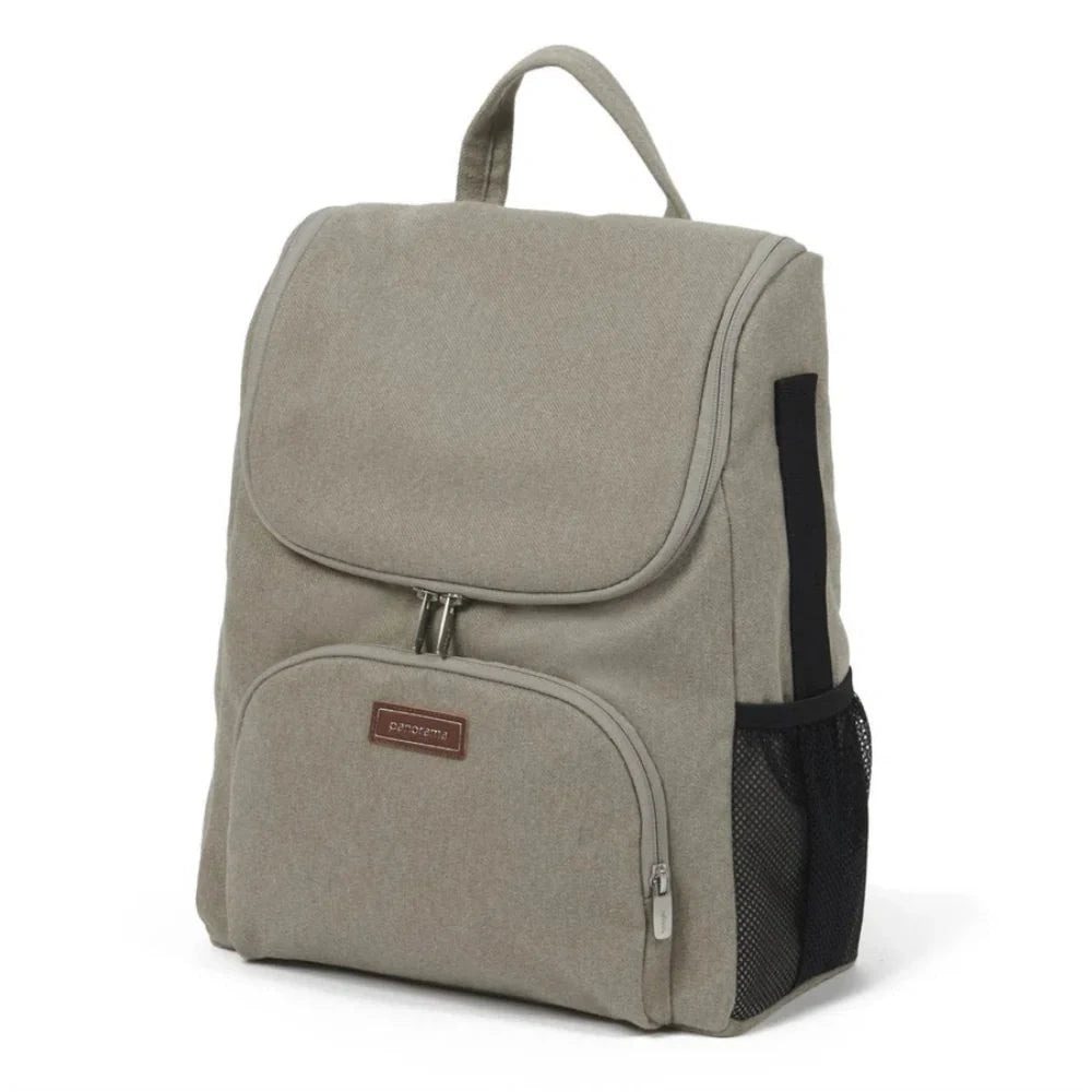 Babylo Panorama almond changing backpack with front zip pockets and black mesh side pocket