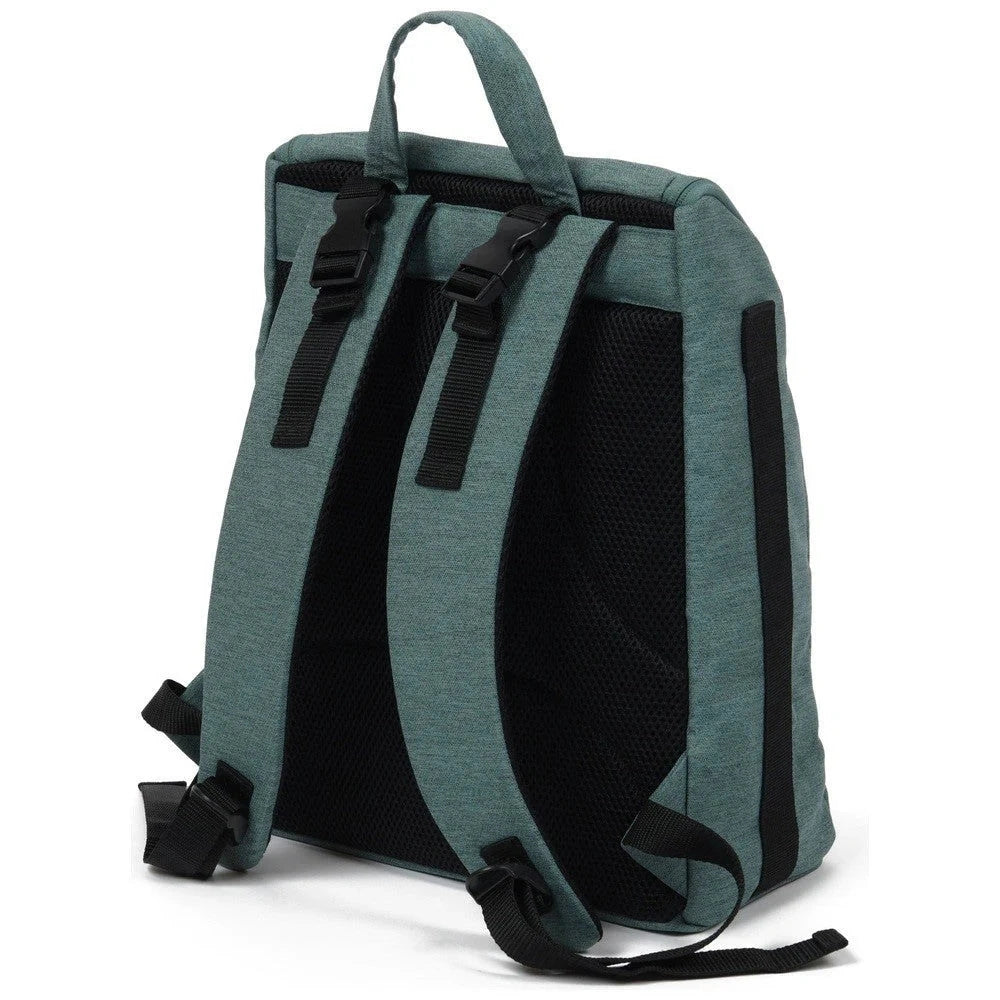 Babylo Panorama fern green changing backpack showing black shoulder straps and mesh back panels