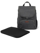 Grey Babylo Panorama changing backpack showing front zip pocket and black changing mat
