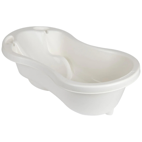 Babylo premium baby bath in white shown from angled side view with curved shape, carry handle area and built in back support visible