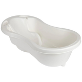 Babylo premium baby bath in white shown from angled view highlighting the contoured base, rounded rim and overall bath shape