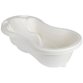 Babylo premium baby bath in white shown from angled front view with integrated back support, rounded edges and smooth plastic finish