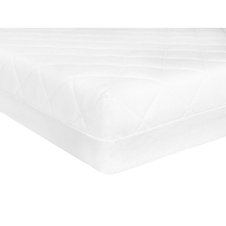 Babylo quilted fibre travel cot mattress corner view with white quilted cover design