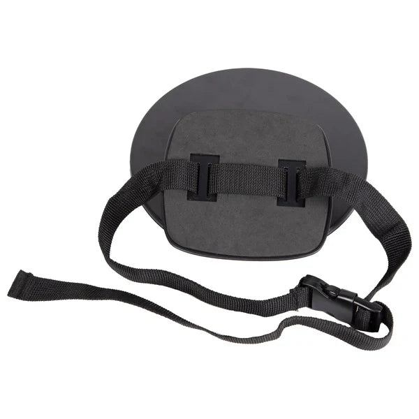 Babylo rear view mirror shown from the back with black strap mounting system and adjustable buckle laid flat on a white background