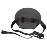 Babylo rear view mirror shown from the back with black strap mounting system and adjustable buckle laid flat on a white background