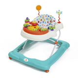Babylo Twist About Walker in turquoise and white with star print seat, orange play tray and attached toys on white background