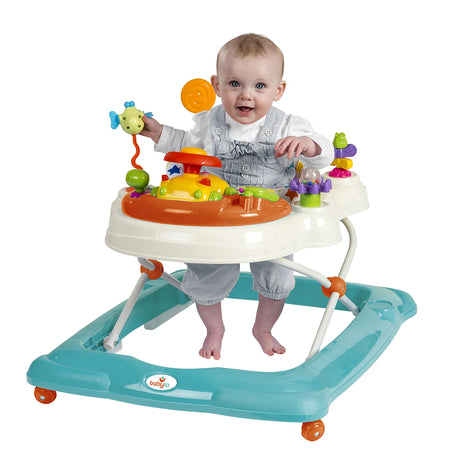 Babylo Twist About Walker in turquoise and white with baby seated, holding green toy attached to interactive tray on white background