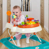 Babylo Twist About Walker in turquoise and white with baby seated indoors on wooden floor in hallway setting, holding green toy attached to play tray