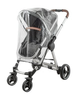 Babylo universal stroller rain cover fitted over a grey stroller, clear transparent cover showing seat, frame, wheels and handlebar from front angle