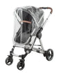 Babylo universal stroller rain cover fitted over a grey stroller, clear transparent cover showing seat, frame, wheels and handlebar from front angle