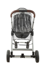 Babylo universal stroller rain cover shown from rear view on a grey stroller, clear cover gathered around the back with handlebar and rear wheels visible