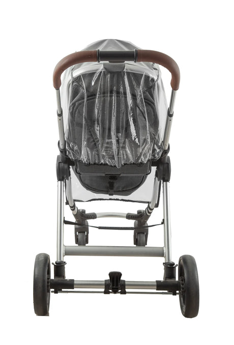 Babylo universal stroller rain cover shown from rear view on a grey stroller, clear cover gathered around the back with handlebar and rear wheels visible