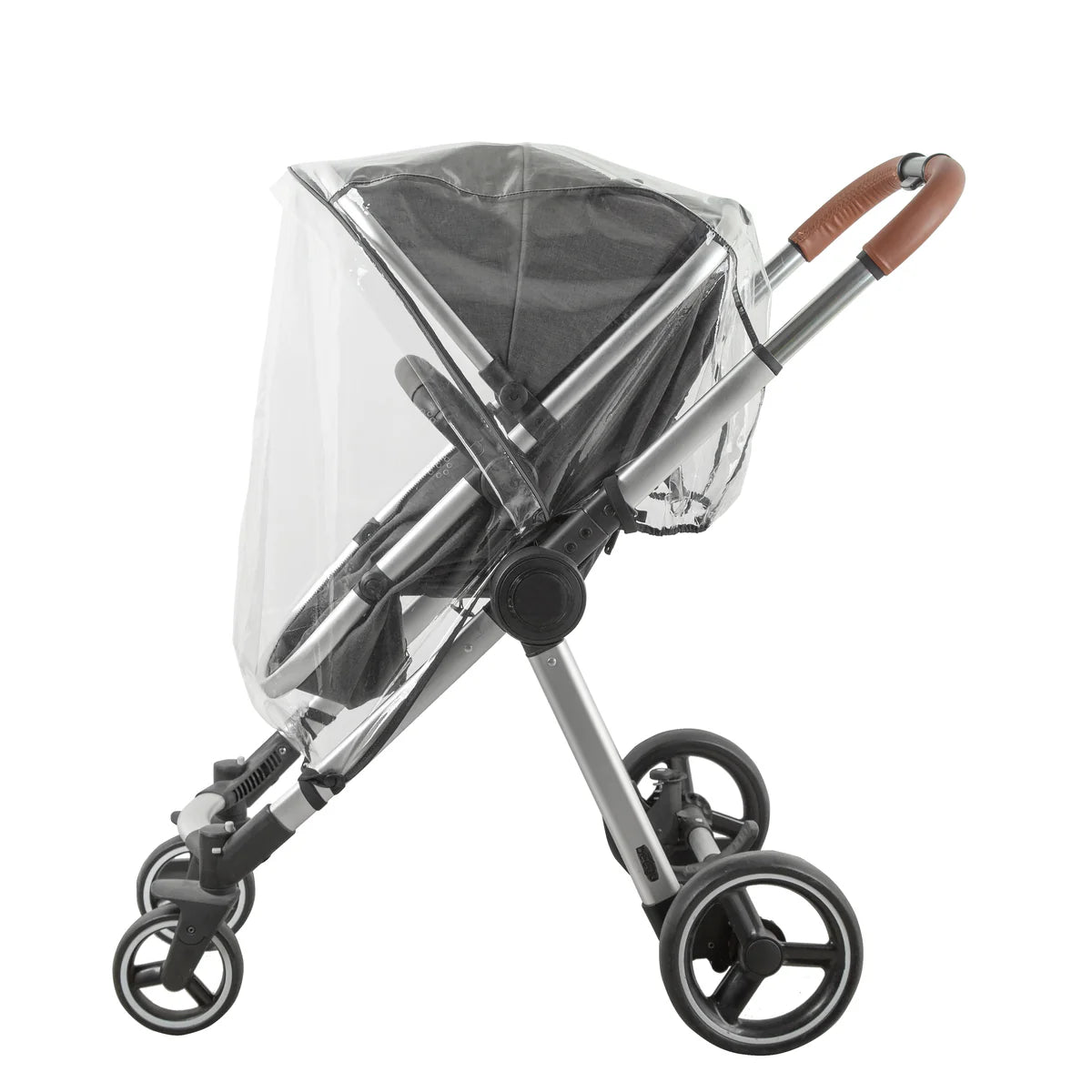Babylo universal stroller rain cover shown from side view on a grey stroller, transparent plastic cover stretched over seat and canopy with stroller frame and wheels visible