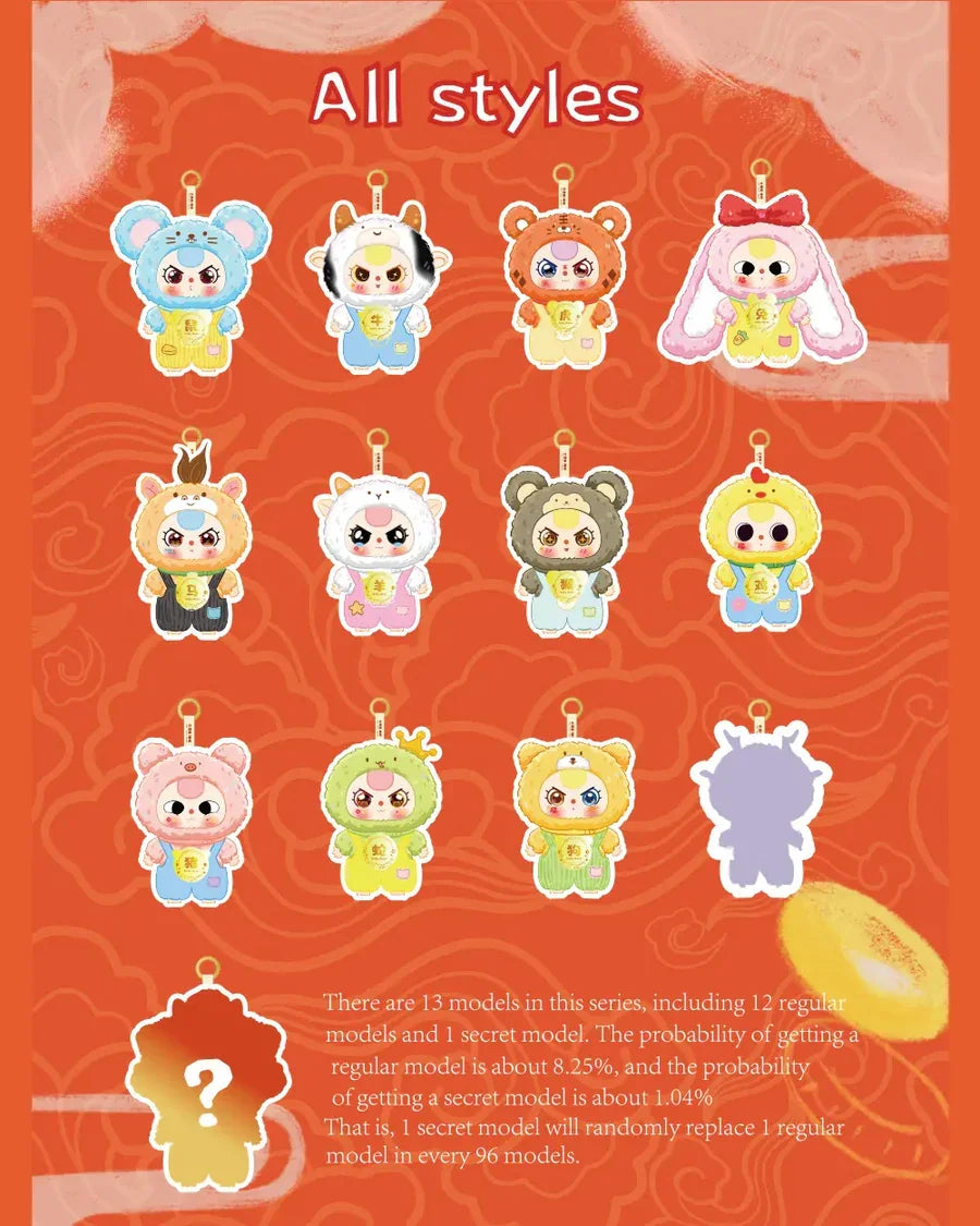 Full lineup of Baby Three Twelve Zodiac V2 plush characters with hidden style
