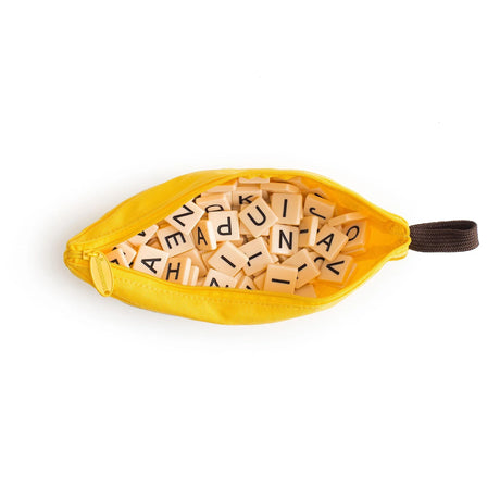 Open Bananagrams pouch showing full set of letter tiles – Ireland