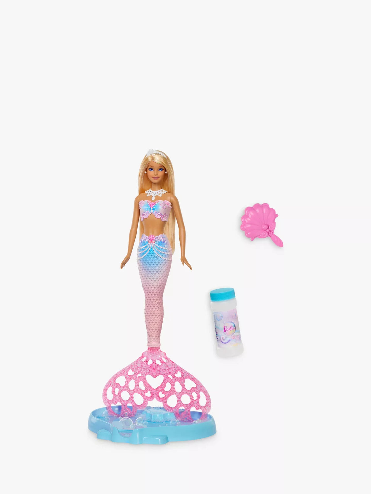 Barbie Bubble Sparkle Mermaid with pink and blue tail, hairbrush, bubble solution and tail tray