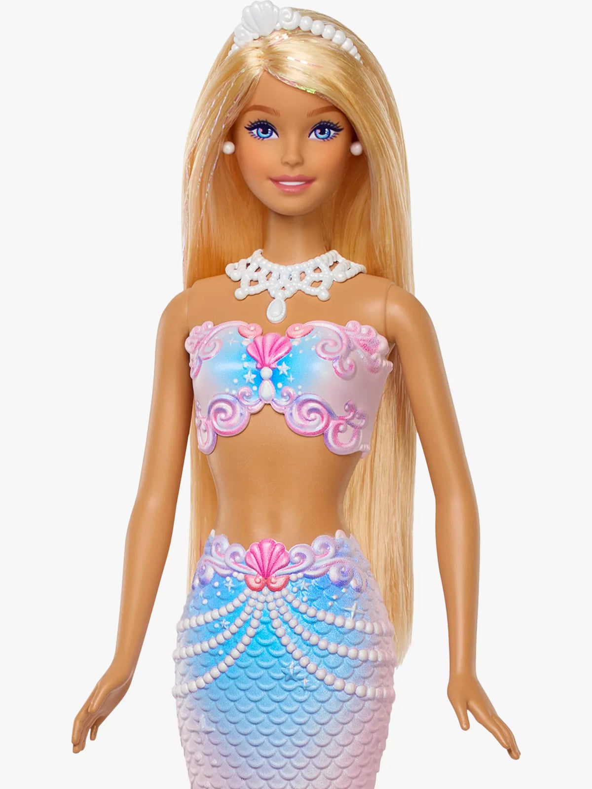 Barbie Bubble Sparkle Mermaid close view with blonde hair, pearl necklace and pink shell bodice