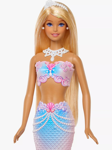 Barbie Bubble Sparkle Mermaid close view with blonde hair, pearl necklace and pink shell bodice