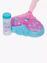 Barbie Bubble Sparkle Mermaid pink tail fin dipped in blue shell tray beside bubble solution