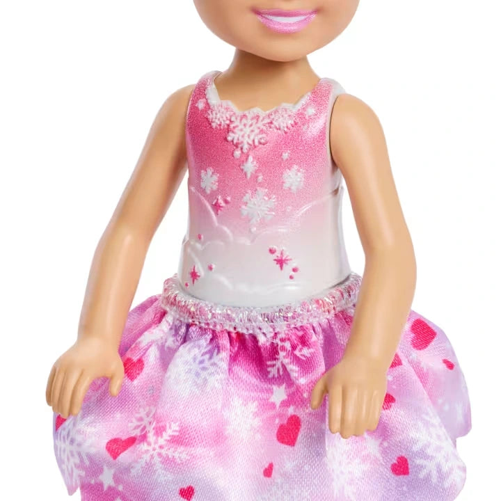 Barbie Chelsea Nutcracker Snow Fairy brunette doll pink snowflake tutu detail