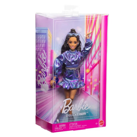 Barbie Deluxe Style Metallic Blue Top Doll in packaging with shimmering outfit and accessories.