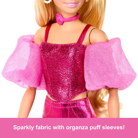 Close-up of Barbie Deluxe Style Metallic Pink Corset Doll with organza sleeves and jewellery