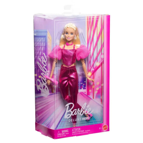Barbie Deluxe Style Metallic Pink Corset Doll shown in display box with pink background